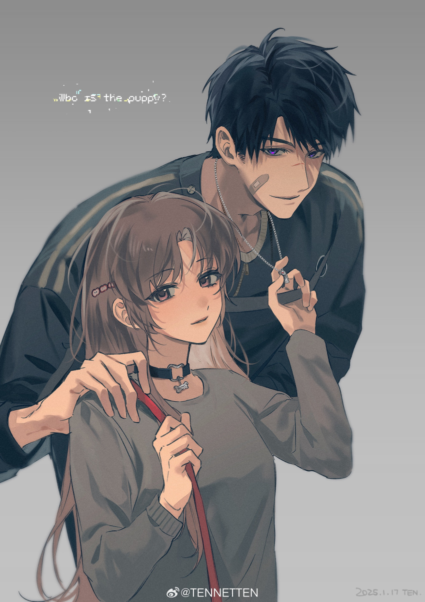 1boy, 1girl, absurdres, artist_name, bandaid, bandaid_on_face, black_choker, black_hair