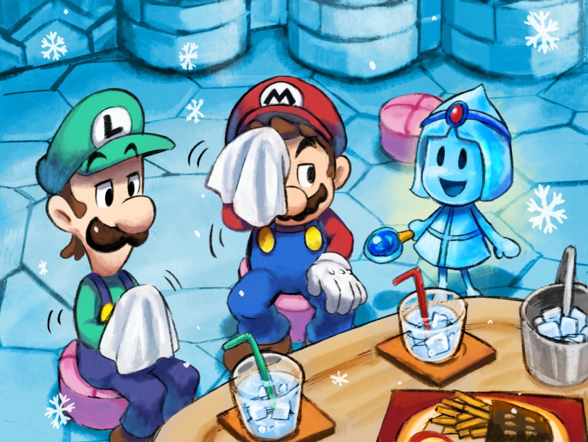 1girl, 2boys, black_eyes, blue_dress, blue_overalls, boots, brothers, brown_boots, brown_hair, buttons, circlet, coaster, cup, dress, drinking_glass, drinking_straw, facial_hair, food, gem, gloves, glowing, green_hat, green_shirt, hand_on_own_knee, hand_towel, hat, highres, holding, holding_towel, holding_wand, ice, ice_cube, in-universe_location, jojora, long_sleeves, looking_at_another, looking_to_the_side, luigi, mario, mario_&amp;_luigi:_superstar_saga, mario_&amp;_luigi_rpg, multiple_boys, mustache, newsboy_cap, open_mouth, ottoman_(furniture), overalls, red_gem, red_hat, red_shirt, shirt, short_hair, siblings, sitting, smile, snowflakes, standing, super_mario_bros., table, towel, wand, white_gloves, yamari_(ya_mari_6363)