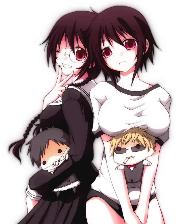 2girls, black_hair, blonde_hair, bowtie, braid, breast_rest, breasts, buruma