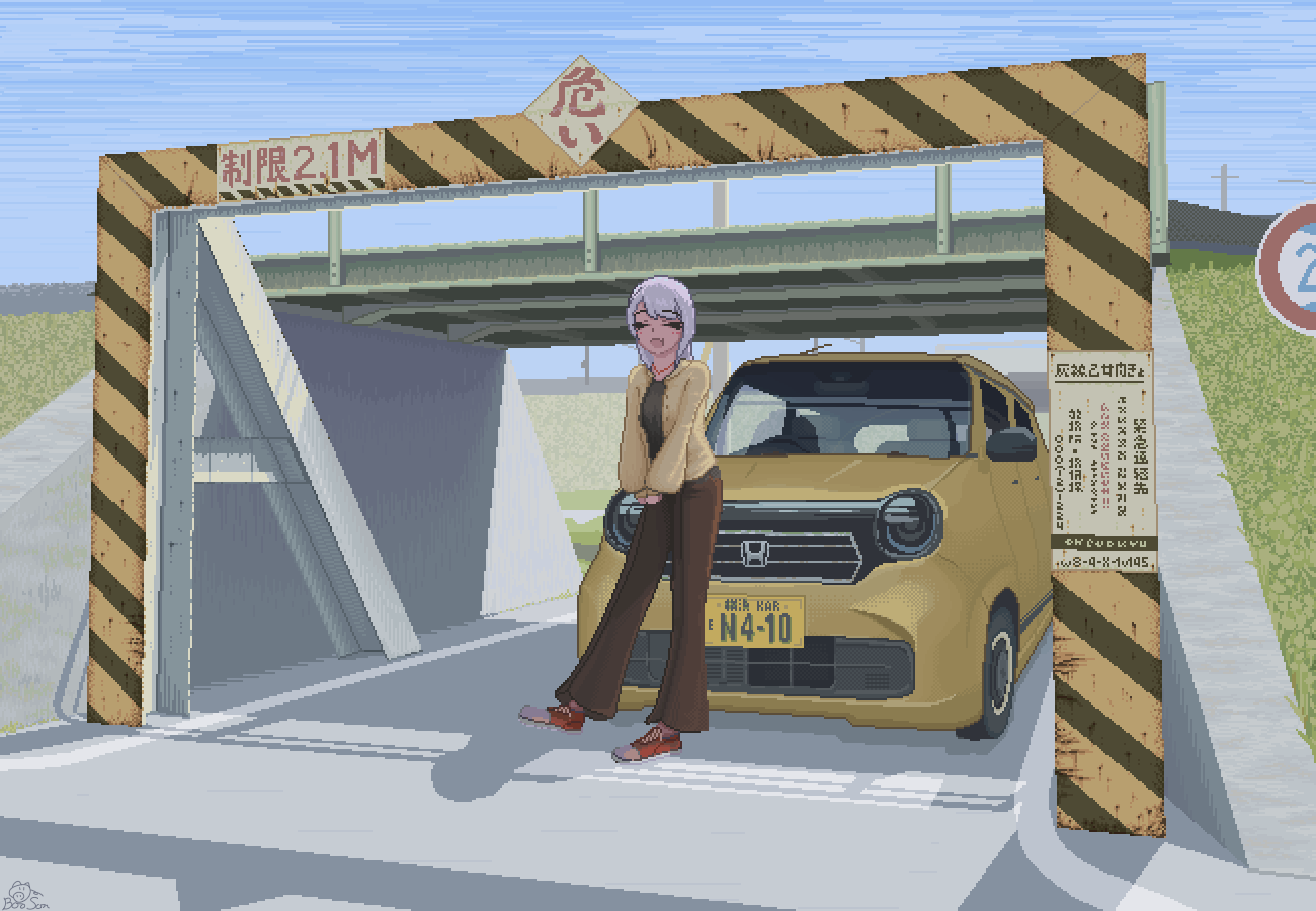 1girl, black_shirt, blush, bridge, brown_pants, bu0723hr, car, closed_eyes