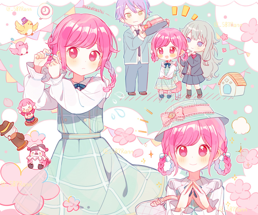 1boy, 2girls, adjusting_hair, animal, aqua_background, bag, belt, bird