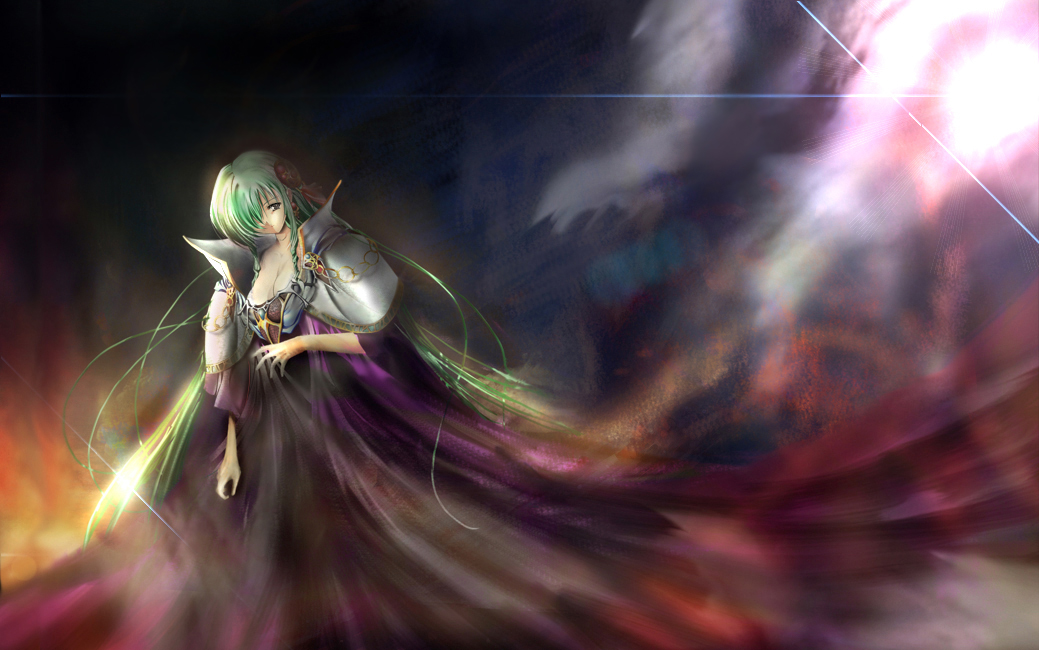 alice_soft, alicesoft, cloud, dark_sky, green_eyes, green_hair, hair_ornament, hornet_(kichikuou_rance), hornet_(rance), long_hair, rance_(series), solo, usausa
