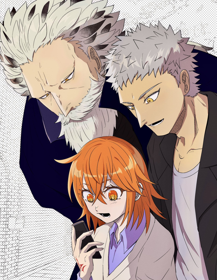 1girl, 2boys, 816_lau, beard, cellphone, command_spell, commentary_request, dual_persona