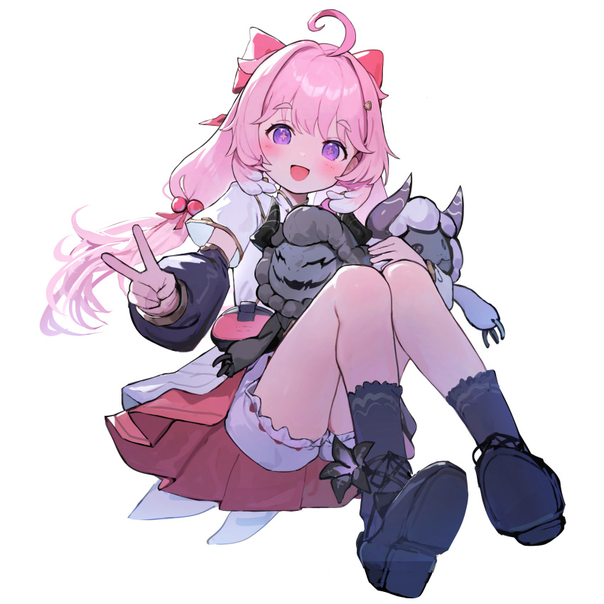 1girl, :d, absurdres, ahoge, black_shoes, black_sleeves, blush, bow