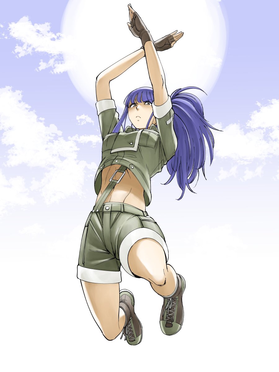 black_gloves, blue_eyes, blue_hair, boots, collared_jacket, combat_boots, commentary_request, crossed_arms