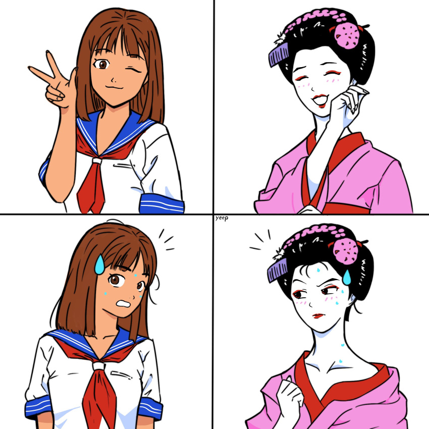 2girls, alternate_hairstyle, anime_coloring, black_hair, blue_sailor_collar, blush, brown_eyes, brown_hair