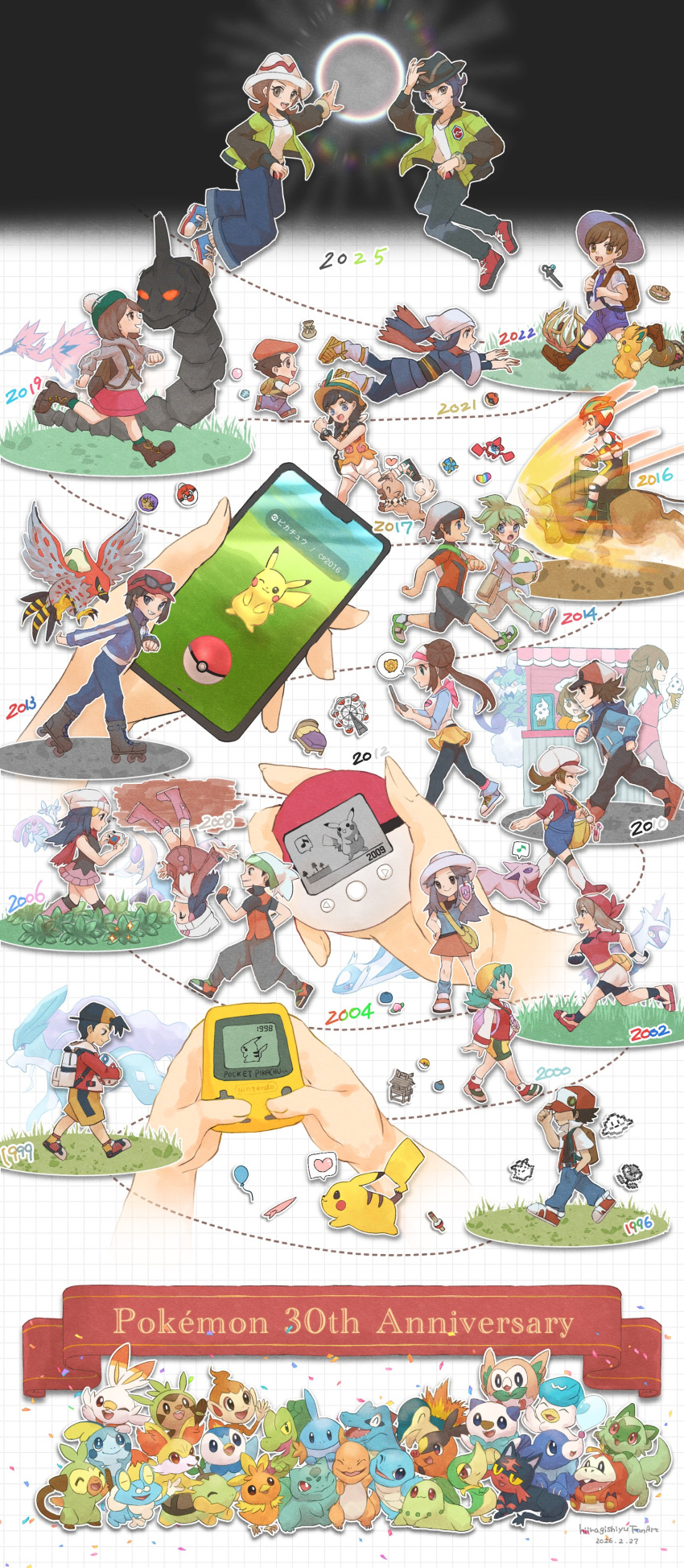 6+boys, 6+girls, absurdres, akari_(pokemon), backwards_hat, balloon, bandana, baseball_cap