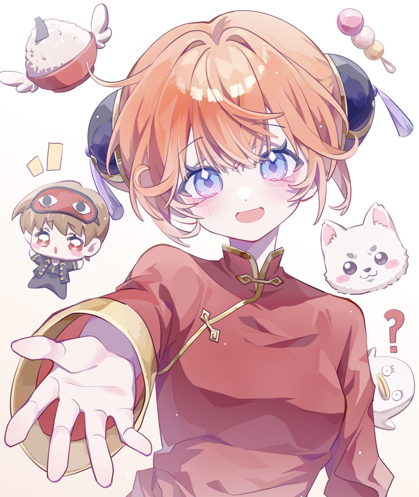 1boy, 1girl, 2mubudaye, absurdres, blue_eyes, blush, breasts, brown_hair, bun_cover, chibi, chinese_clothes, double_bun, dress, food, hair_between_eyes, hair_bun, highres, kagura_(mobile_legends), kagura_(onmyoji), long_sleeves, looking_at_viewer, notice_lines, open_mouth, orange_hair, reaching, reaching_towards_viewer, red_dress, red_eyes, short_hair, simple_background, smile, upper_body, white_background