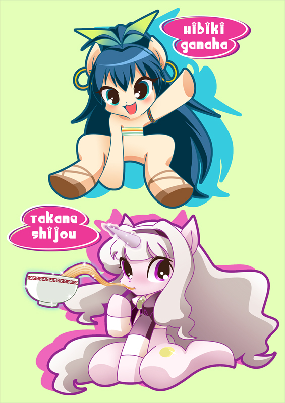 2girls, animal, animalization, antenna_hair, blue_eyes, bowl, character_name, chinpui_(chinpui02)