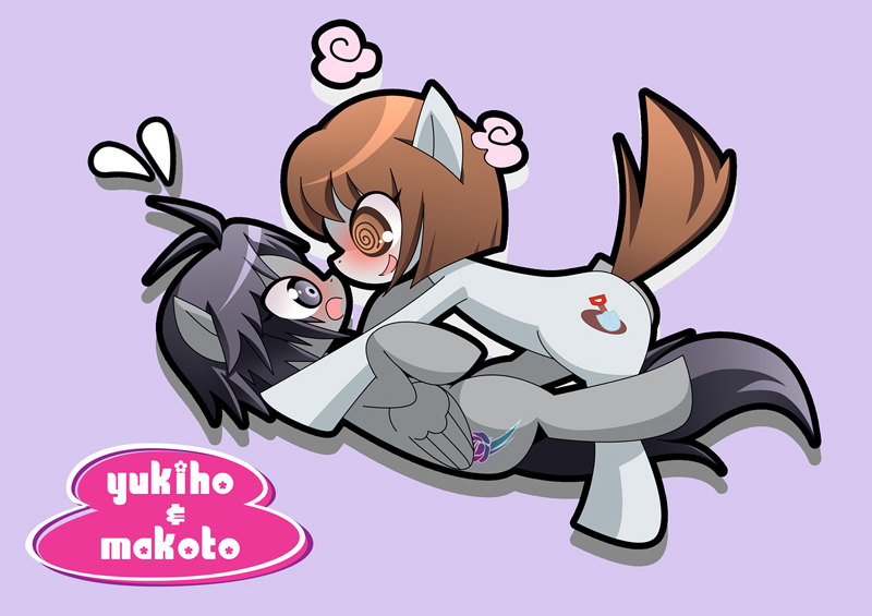 2girls, @_@, animalization, antenna_hair, black_hair, blunt_ends, brown_eyes, brown_hair