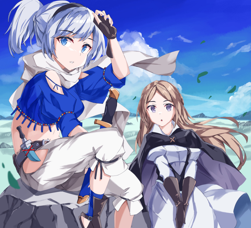 2girls, :o, adelle_ein, black_cape, black_gloves, black_hairband, blue_eyes, blue_sky