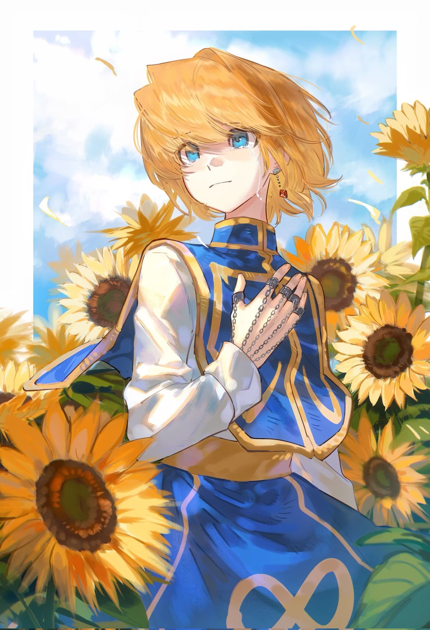 1boy, androgynous, blonde_hair, blue_eyes, blue_sky, border, closed_mouth, clouds