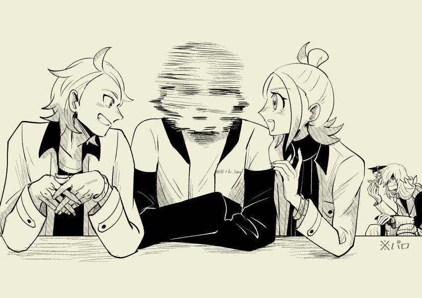 1girl, 3boys, 816_lau, absurdres, arms_on_table, az_(pokemon), cane, commentary_request