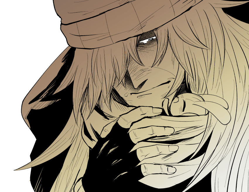 1boy, 816_lau, absurdres, az_(pokemon), closed_mouth, commentary_request, fingerless_gloves, fingernails, floette, gloves, greyscale, hair_over_one_eye, hat, highres, long_hair, male_focus, monochrome, pokemon, pokemon_(creature), pokemon_legends:_z-a, scarf, simple_background, solo, tears, white_background