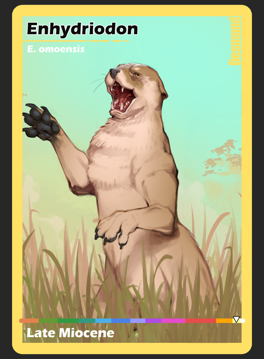absurdres, animal_focus, brown_fur, card_(medium), claws, combos_&amp;_doodles, day, english_text, enhydriodon, fangs, grass, highres, no_humans, open_mouth, original, outdoors, solo