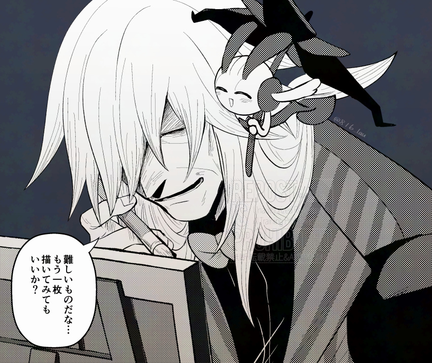 1boy, 816_lau, az_(pokemon), bow, bowtie, closed_eyes, commentary_request, easel