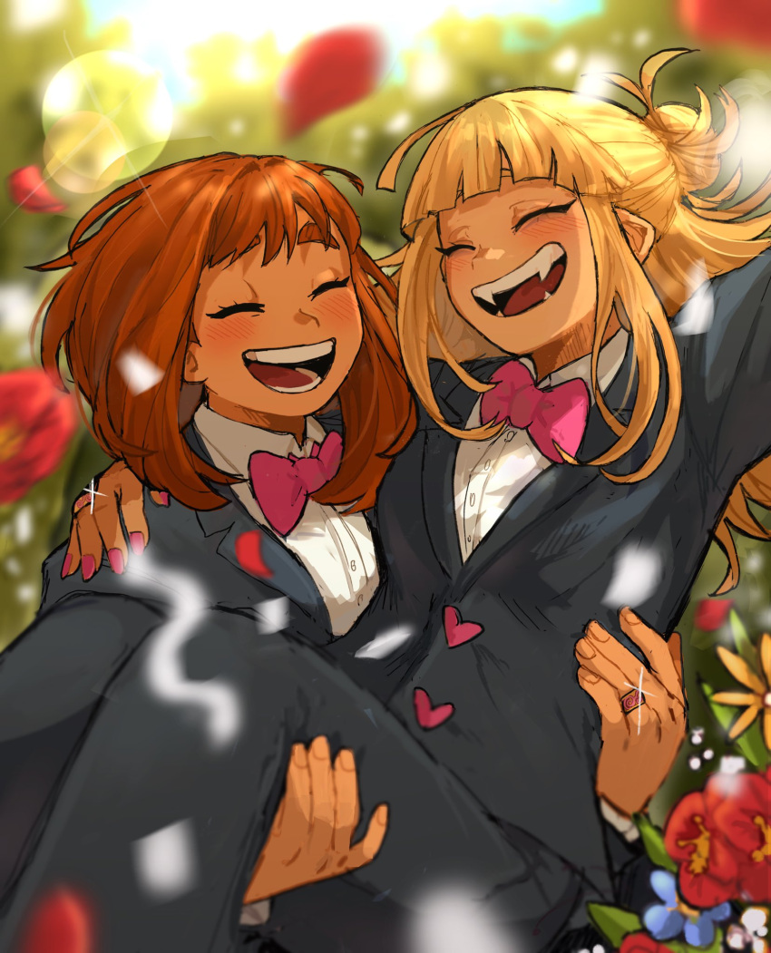 2girls, arm_around_shoulder, black_jacket, black_suit, blonde_hair, blunt_bangs, boku_no_hero_academia, bow