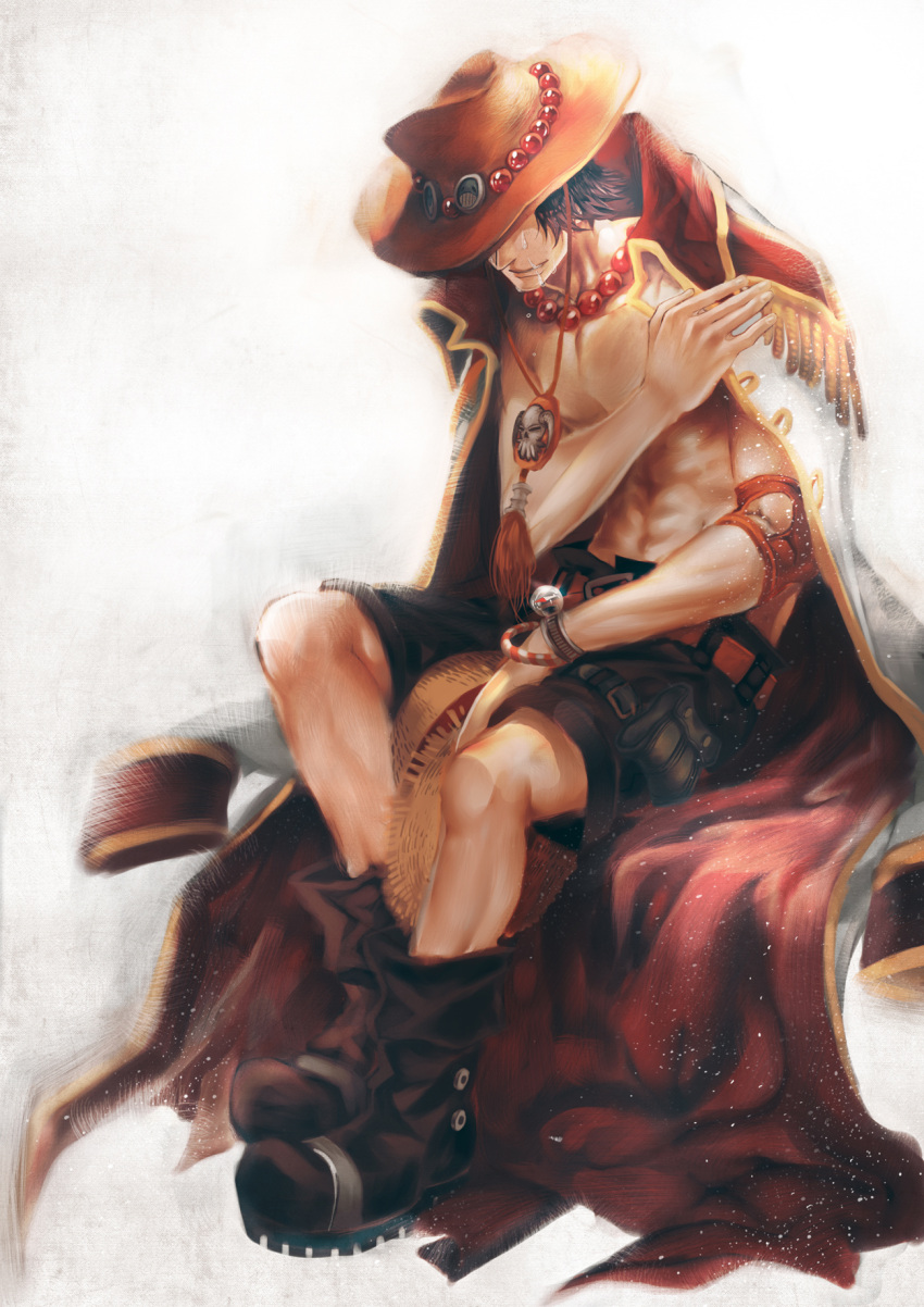 black_hair, boots, bracelet, freckles, hat, hidden_eyes, highres, hora_(no5567), horns, jewelry, long_coat, male, necklace, one_piece, portgas_d_ace, sad_face, short_hair, simple_background, sitting, smile, smiley_face, solo, straw_hat, tears, wristband