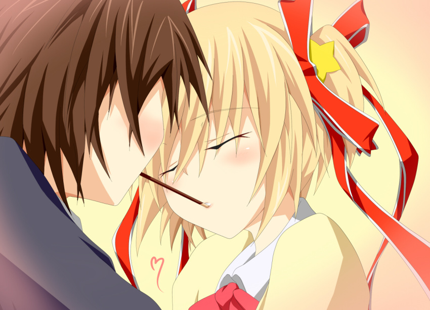closed_eyes, kamikita_komari, little_busters!!, micchan, pocky, pocky_kiss, school_uniform, shared_food