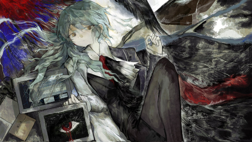 1girl, angela_(project_moon), black_pantyhose, black_vest, blue_coat, blue_hair, coat, collared_shirt