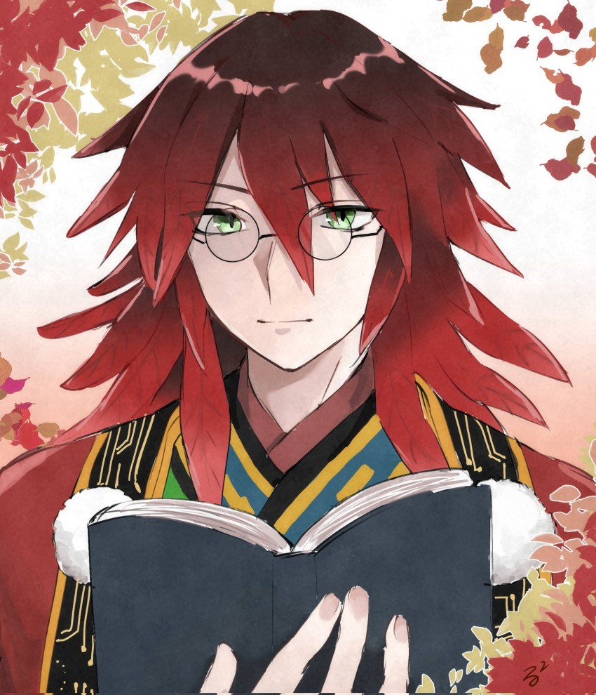 1boy, brown_hair, commentary_request, glasses, gradient_hair, green_eyes, hair_between_eyes, highres, japanese_clothes, kurama_(rune_factory), long_hair, looking_at_viewer, male_focus, multicolored_hair, red_hair, ru-ru12, rune_factory, rune_factory:_guardians_of_azuma
