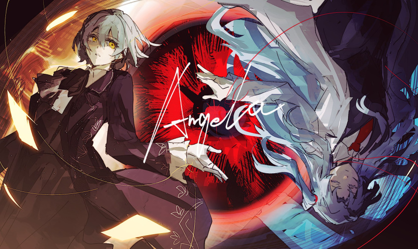 angela_(project_moon), black_vest, blue_coat, blue_hair, character_name, closed_eyes, closed_mouth, coat, english_commentary, feather-trimmed_dress, gloves, highres, lab_coat, library_of_ruina, lobotomy_corporation, long_hair, long_sleeves, multiple_views, necktie, project_moon, red_necktie, short_hair, side_ponytail, sixgod, teeth, very_long_hair, vest, white_coat, white_gloves, yellow_eyes