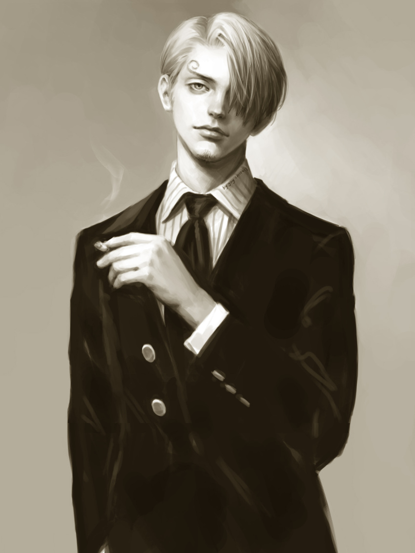 cigarette, facial_hair, formal, goatee, hair_over_one_eye, highres, joy_(pixiv_786379), male, monochrome, necktie, one_piece, realistic, sanji, sepia, short_hair, smoke, smoking, solo, suit