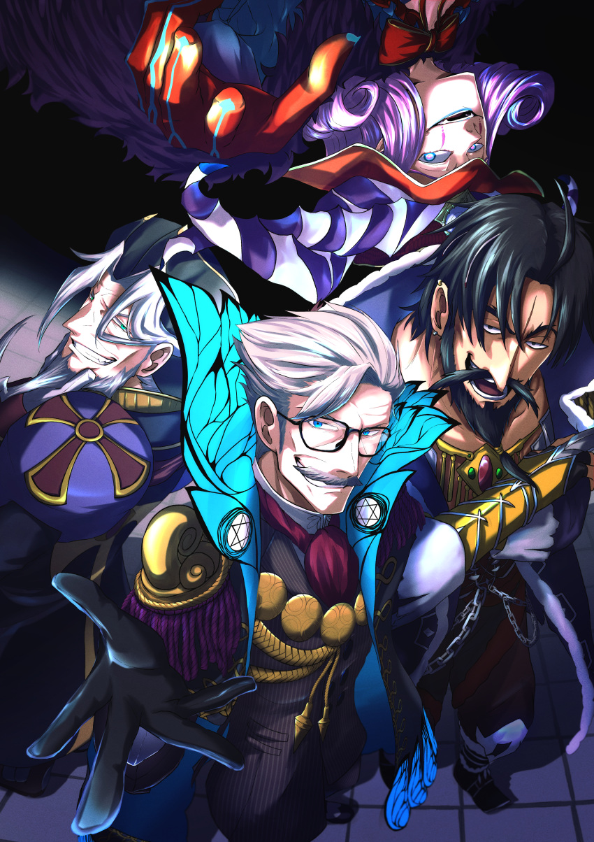 4boys, 816_lau, absurdres, beard, black_gloves, black_hair, black_pants, blue_eyes