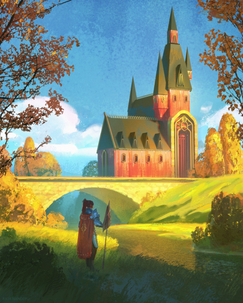 1girl, absurdres, armor, artist_name, banner, blue_sky, bridge, brown_hair