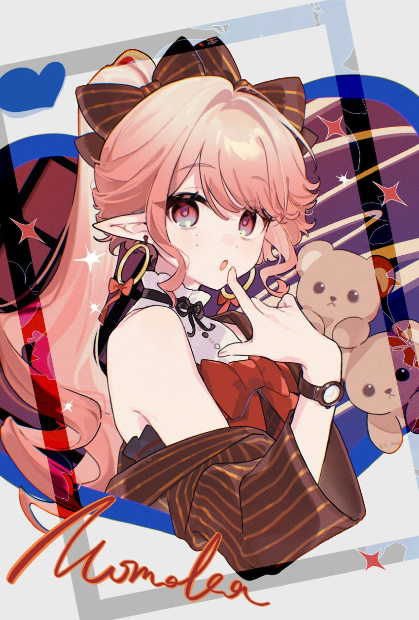 1girl, :o, arknights, bare_shoulders, bow, bowtie, brown_bow, commentary, cropped_torso, earrings, finger_to_mouth, freckles, grey_eyes, hair_between_eyes, hair_bow, haruka_(arknights), heart, highres, hoop_earrings, jewelry, long_hair, looking_at_viewer, maymeriko, open_mouth, pink_eyes, pink_hair, pointy_ears, red_bow, red_bowtie, sleeveless, solo, sparkle, striped_bow, stuffed_animal, stuffed_toy, teddy_bear, watch, watch