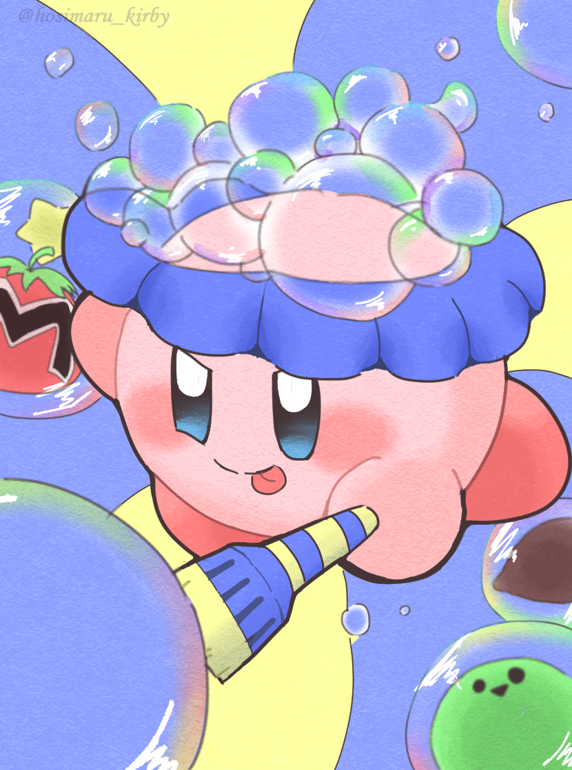 blue_eyes, bright_pupils, bubble, bubble_kirby, commentary_request, full_body, hosimaru_kirby, kirby