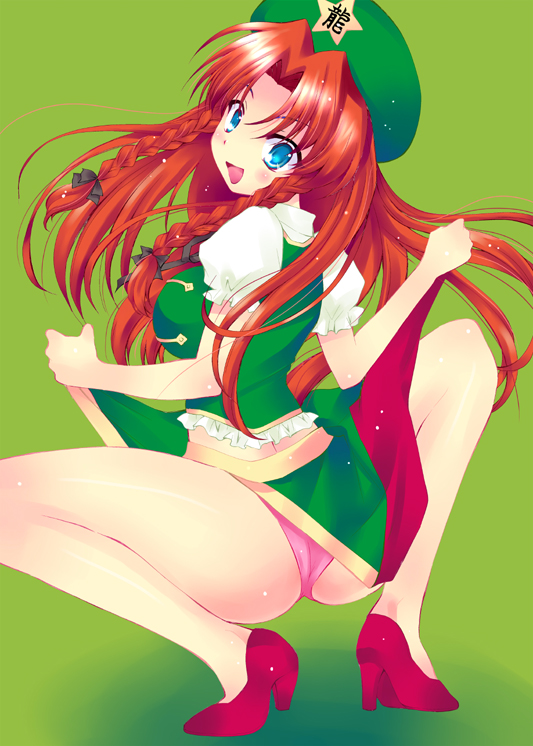 1girl, ass, aya_ojo, braid, hat, high_heels, hong_meiling, hoshino_madoka