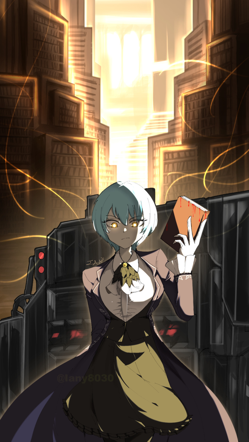 1girl, angela_(project_moon), blood, blue_coat, blue_hair, book, closed_mouth, coat, collared_shirt, commentary, english_commentary, highres, holding, holding_book, iany8030, lab_coat, library, library_of_ruina, long_sleeves, project_moon, shirt, short_hair, signature, solo, watermark, white_shirt, yellow_eyes
