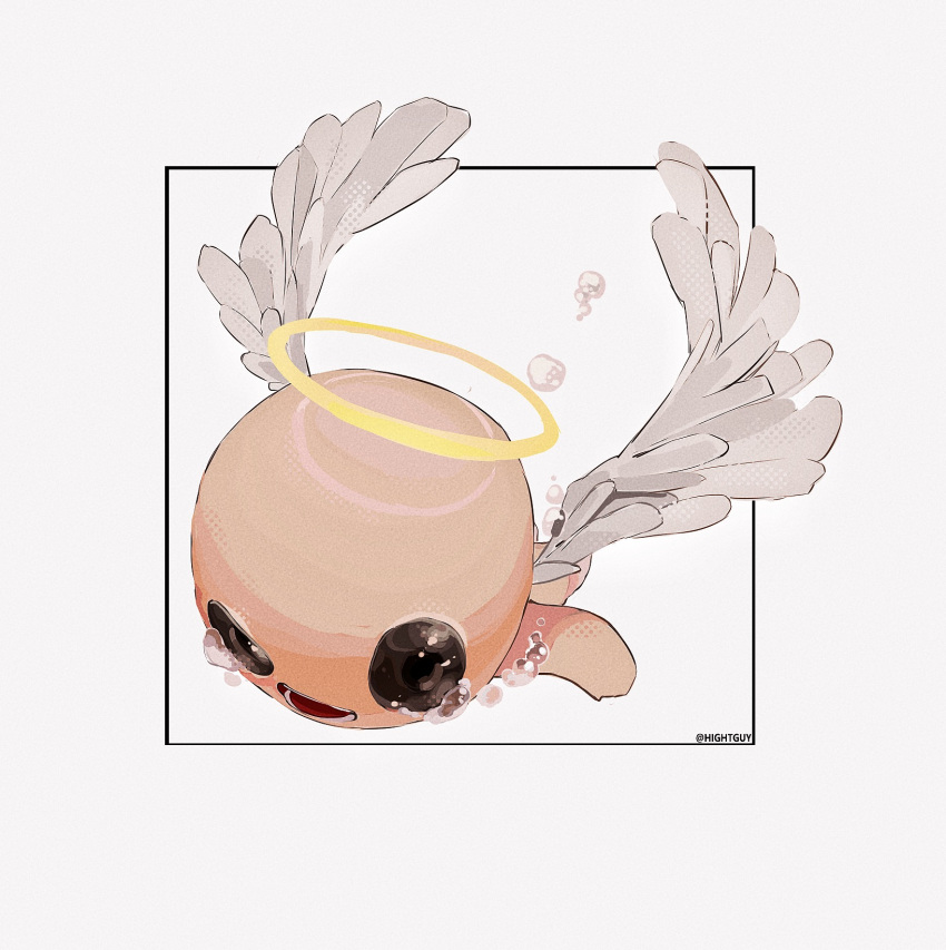 1boy, :d, air_bubble, angel, angel_wings, artist_name, black_eyes, bubble