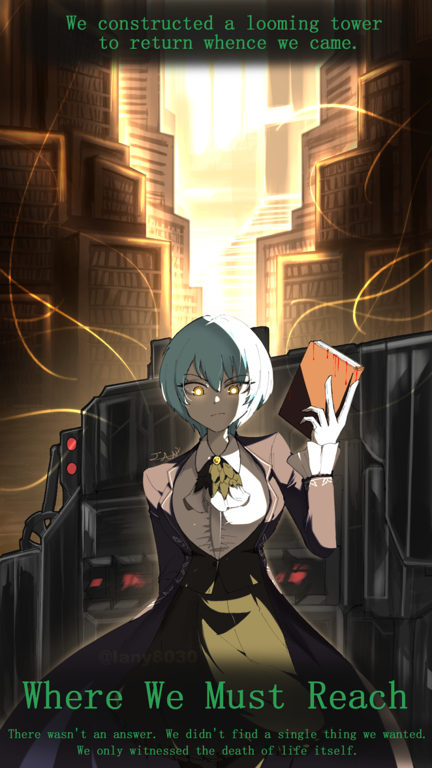 1girl, angela_(project_moon), blood, blue_coat, blue_hair, book, closed_mouth, coat, collared_shirt, commentary, english_commentary, highres, holding, holding_book, iany8030, lab_coat, library, library_of_ruina, long_sleeves, project_moon, shirt, short_hair, signature, solo, watermark, white_shirt, yellow_eyes