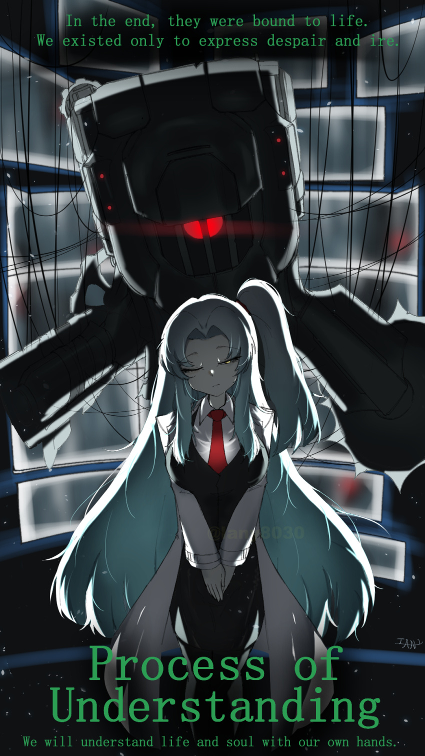 1girl, angela_(project_moon), black_vest, blue_hair, closed_mouth, coat, collared_shirt, commentary
