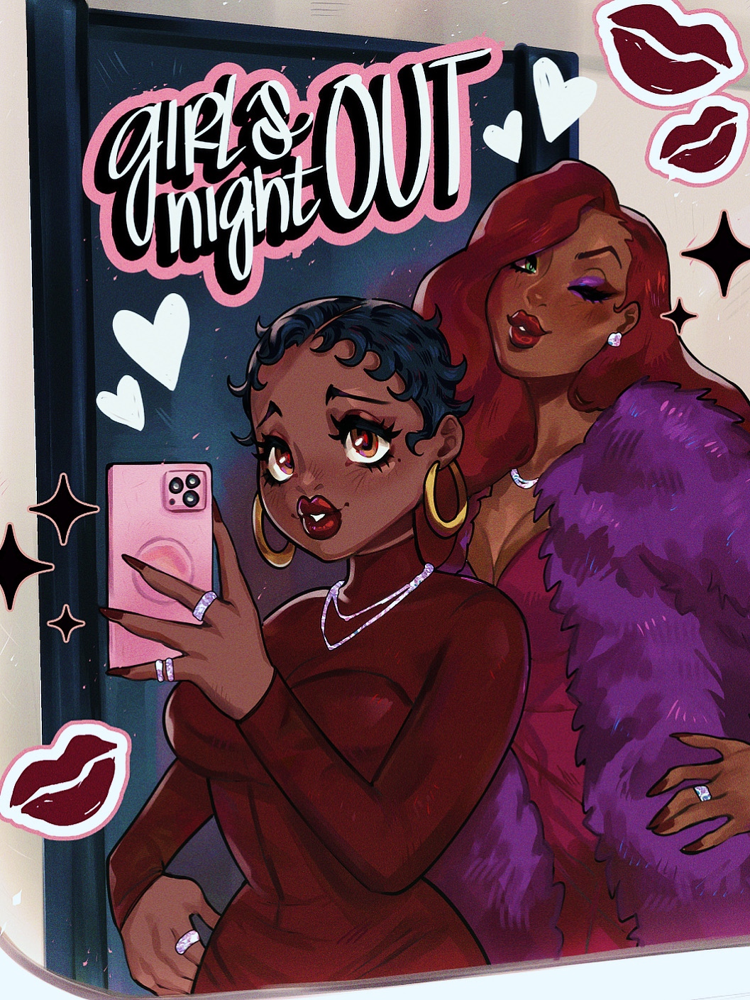 2girls, alternate_costume, alternate_skin_color, asieybarbie, betty_boop, betty_boop_(series), black_hair, breasts, brown_eyes, cellphone, coat, crossover, dark-skinned_female, dark_skin, dress, earrings, english_text, eyeshadow, fur_coat, green_eyes, hand_on_own_hip, heart, highres, holding, holding_phone, hoop_earrings, jessica_rabbit, jewelry, long_hair, looking_at_viewer, makeup, medium_breasts, multiple_girls, one_eye_closed, open_clothes, open_coat, phone, purple_coat, purple_eyeshadow, red_dress, red_hair, ring, selfie, short_hair, smartphone, very_dark_skin, who_framed_roger_rabbit
