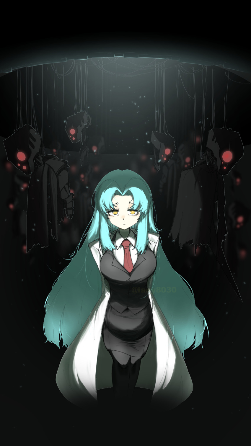 1girl, absurdres, angela_(project_moon), black_vest, blue_hair, closed_mouth, coat, collared_shirt