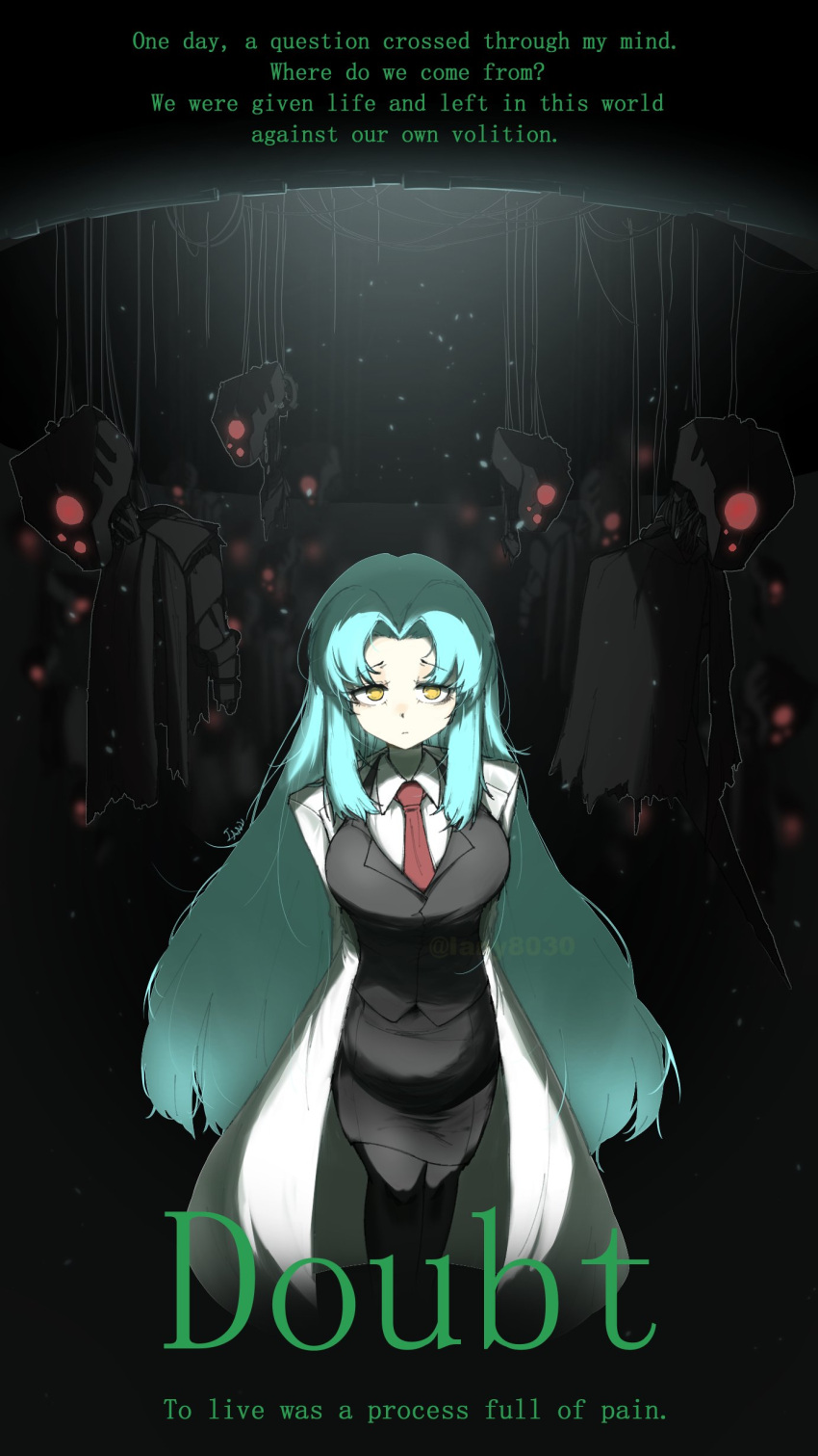 1girl, absurdres, angela_(project_moon), black_vest, blue_hair, closed_mouth, coat, collared_shirt
