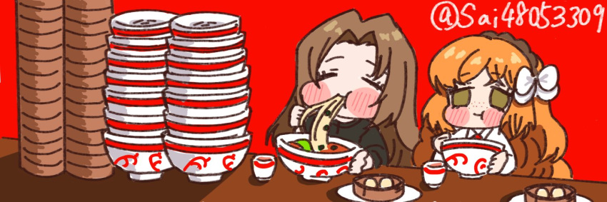 2girls, bamboo_steamer, blush, bow, bowl, bowl_stack, brown_hair, brown_hairband