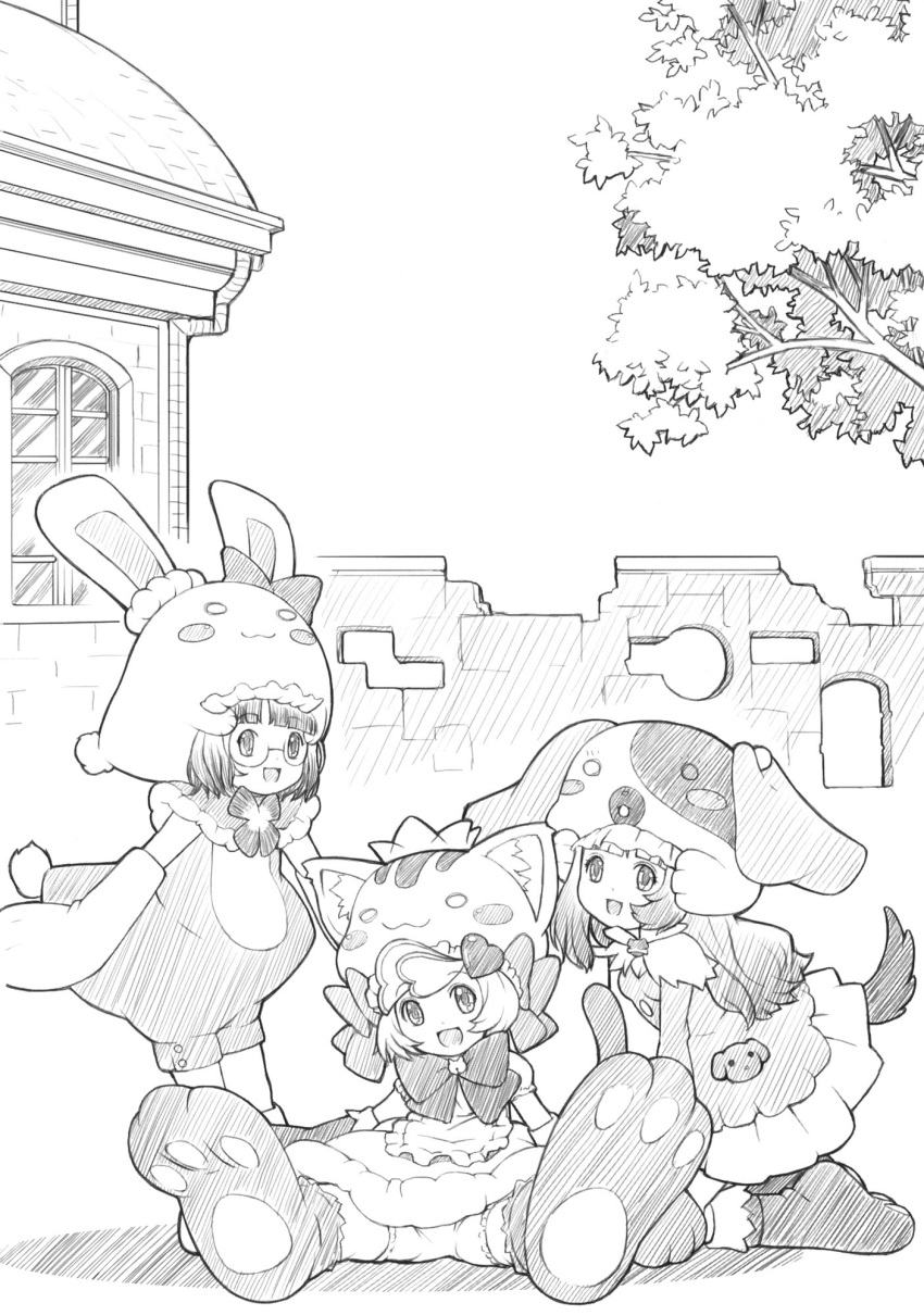 3girls, animal_hat, anyamal_tantei_kirumin_zoo, cat_cap, cat_hat, dog_cap, dog_hat, hair_ornament
