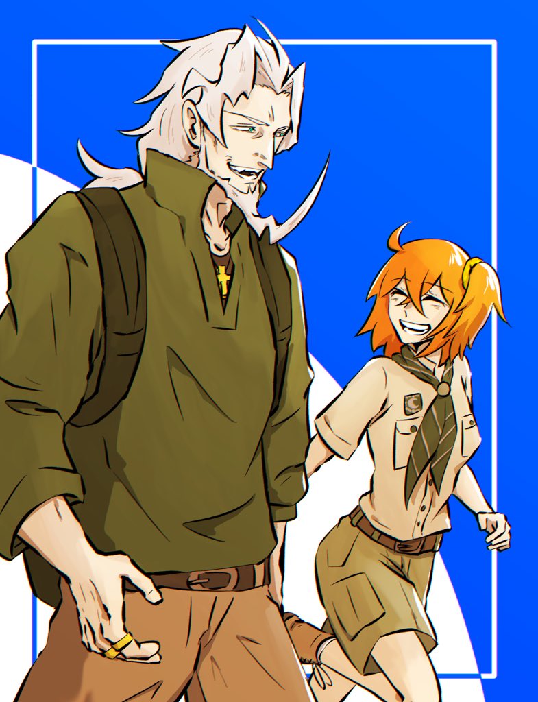 1boy, 1girl, 816_lau, ahoge, belt, brown_belt, brown_pants, christopher_columbus_(fate)