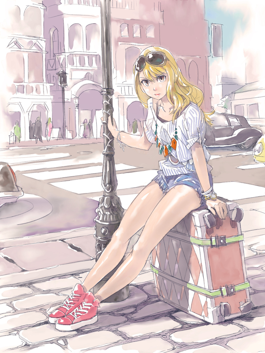 1girl, alternate_costume, blonde_hair, bracelet, brown_eyes, brown_hair, car, cityscape