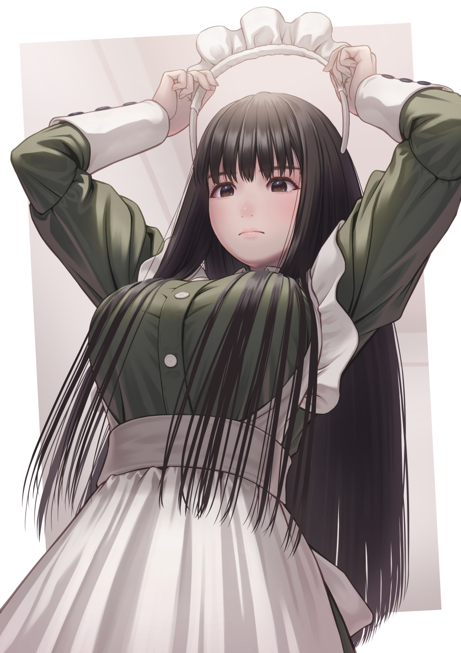 1girl, apron, black_hair, border, breasts, brown_eyes, closed_mouth, commentary