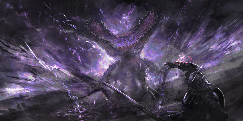 1boy, absurdres, adel_(elden_ring), armor, commentary, dragon, elden_ring, elden_ring_nightreign, english_commentary, fishvortex, helmet, highres, holding, holding_sword, holding_weapon, monster, open_mouth, scale_armor, sword, teeth, weapon, winged_helmet, wings, wylder_(elden_ring), wyvern