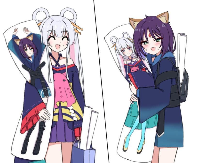 2girls, ^_^, animal_ears, blue_hair, blue_kimono, blush, character_pillow, chirun0