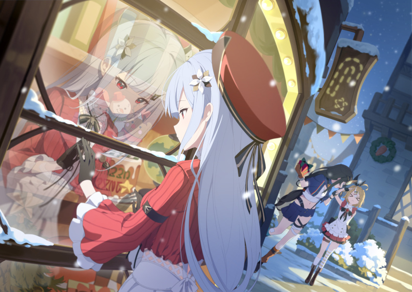 >_<, 3girls, ahoge, black_hair, black_ribbon, blonde_hair, braid, christmas