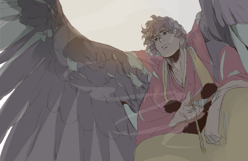 1boy, absurdres, bakushi_(smys2017), bird_boy, bird_wings, black_eyes, commentary_request, cowboy_shot