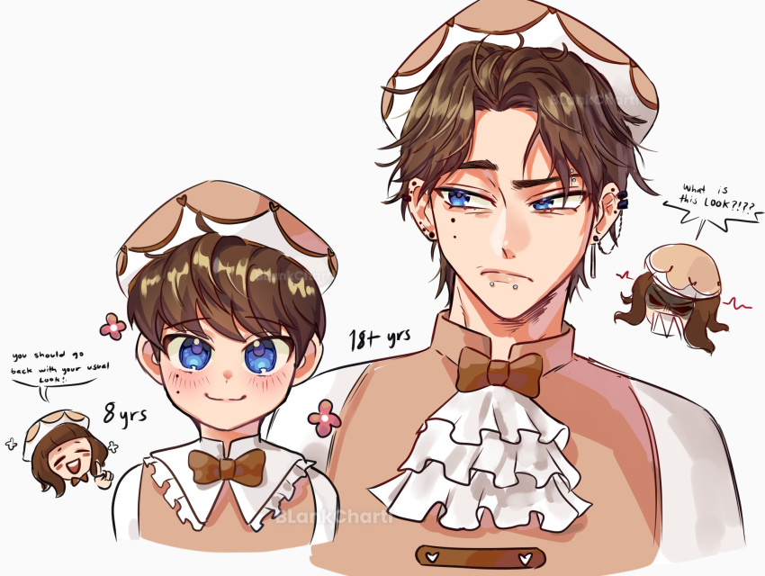 1boy, 1girl, :d, aegyo_sal, age_progression, angry, arms_at_sides, ascot