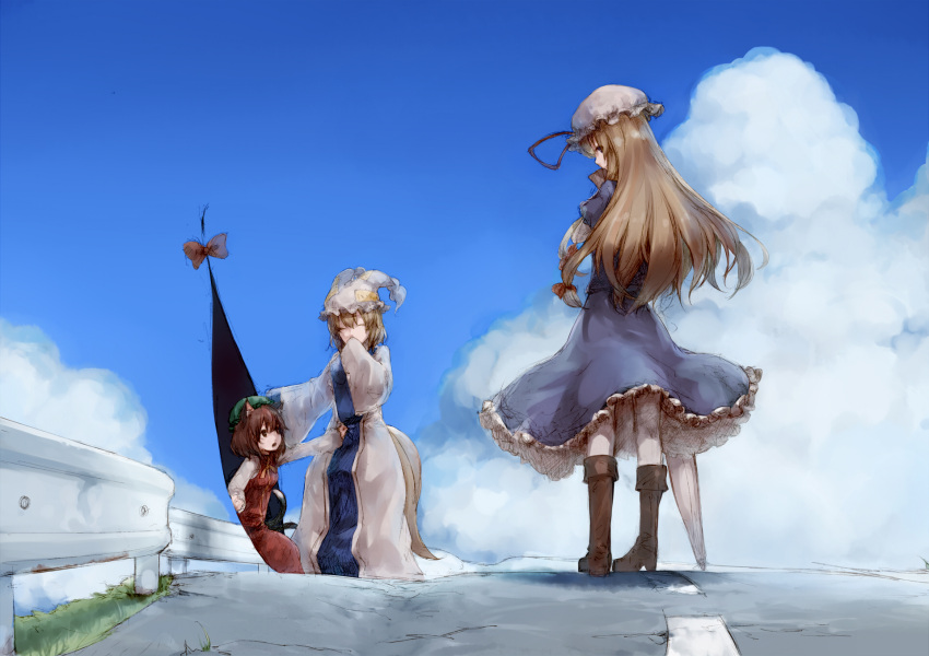 animal_ears, blonde_hair, boots, bow, brown_eyes, brown_hair, cat_ears, cat_tail